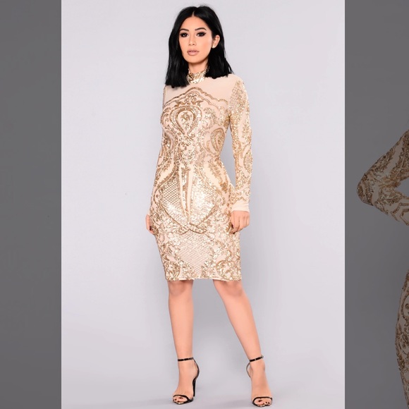 Fashion Nova Calcy Sequin Mesh Midi Dress - Gold, Size S - Picture 5 of 5